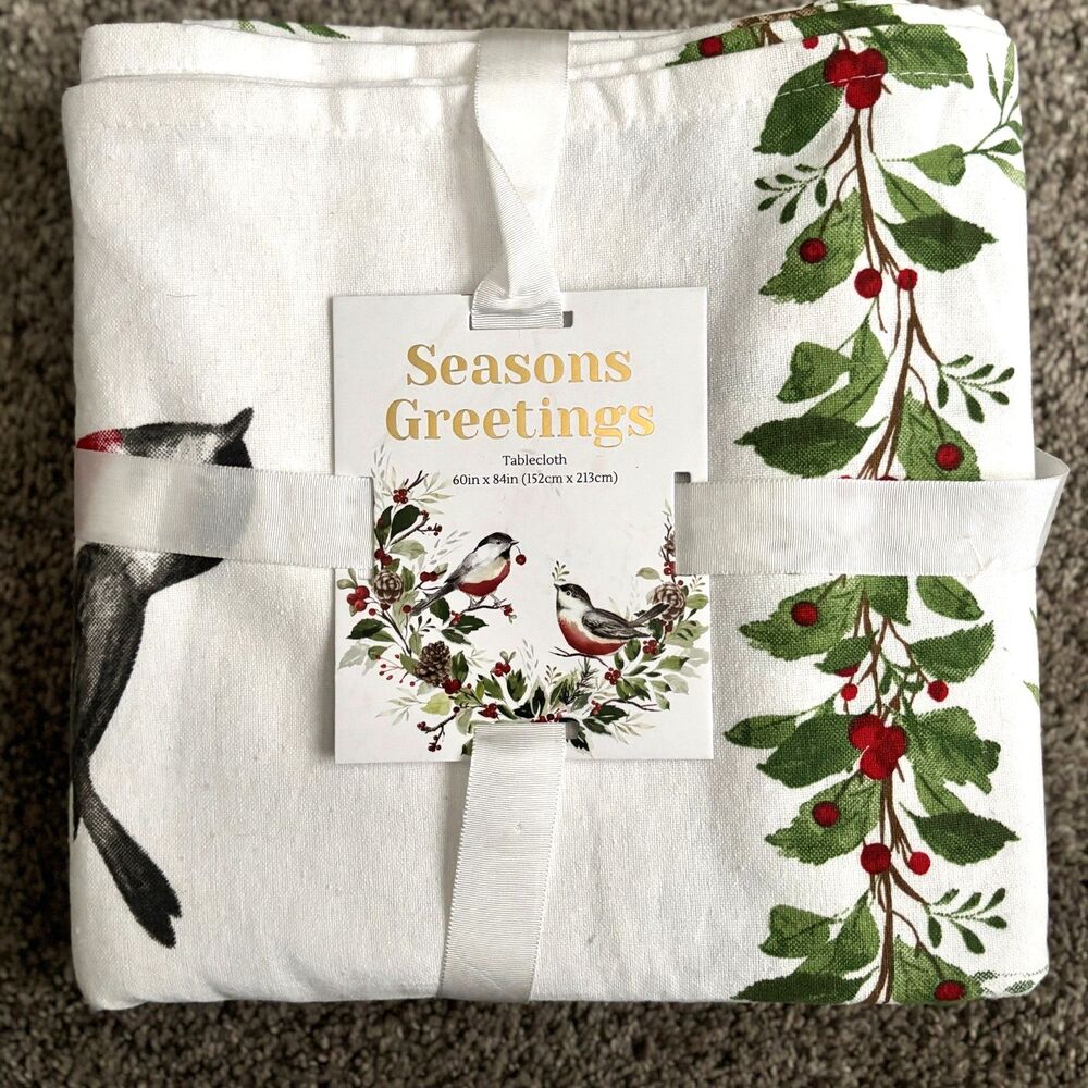 Mireille Designs 100% Handmade Linen 60" x 84" Bird Holiday Oblong Tablecloth #H